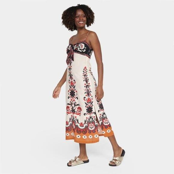 Vintage FARM RIO Dress Womens Flower Rug Midi Size G Large Tie Front Boho RARE - Picture 1 of 16